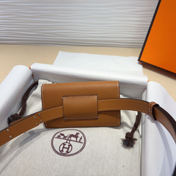 HM KELLY POCKET 18MM BELT CINNAMON BROWN LEATHER SILVER HARDWARE