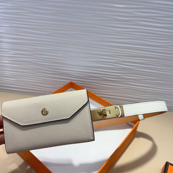 HM KELLY POCKET 18MM BELT WHITE LEATHER GOLD HARDWARE