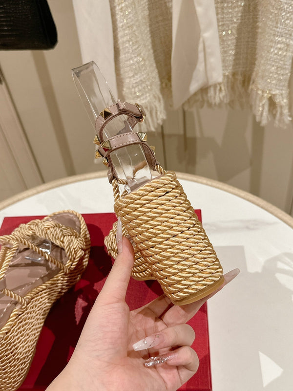 Garavani Rockstud Wedge Sandals 100mm In Beige Mix Rosy Brown Calfskin And Nylon Rope 829396