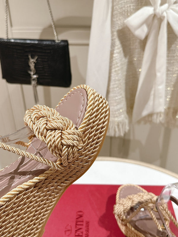 Garavani Rockstud Wedge Sandals 100mm In Beige Mix Rosy Brown Calfskin And Nylon Rope 829396