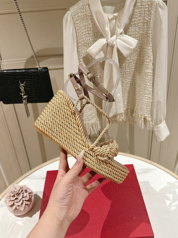 Garavani Rockstud Wedge Sandals 100mm In Beige Mix Rosy Brown Calfskin And Nylon Rope 829396