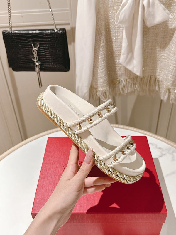 VT Rockstud Sandals White Espadrilles Cowhide 328128