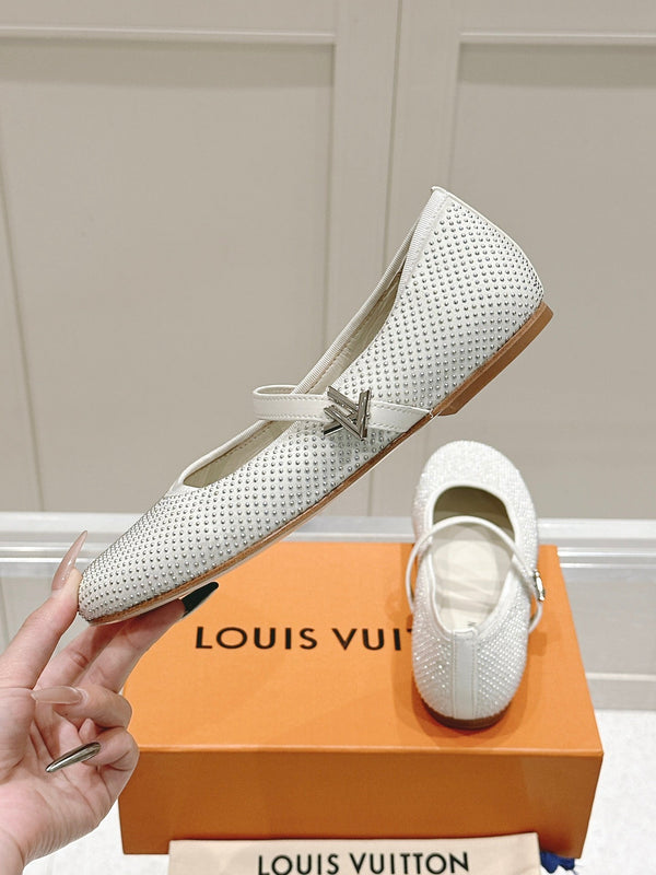 LV SS25 Romy Flat Ballerina Rivets White Sheepskin