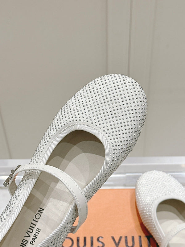 LV SS25 Romy Flat Ballerina Rivets White Sheepskin