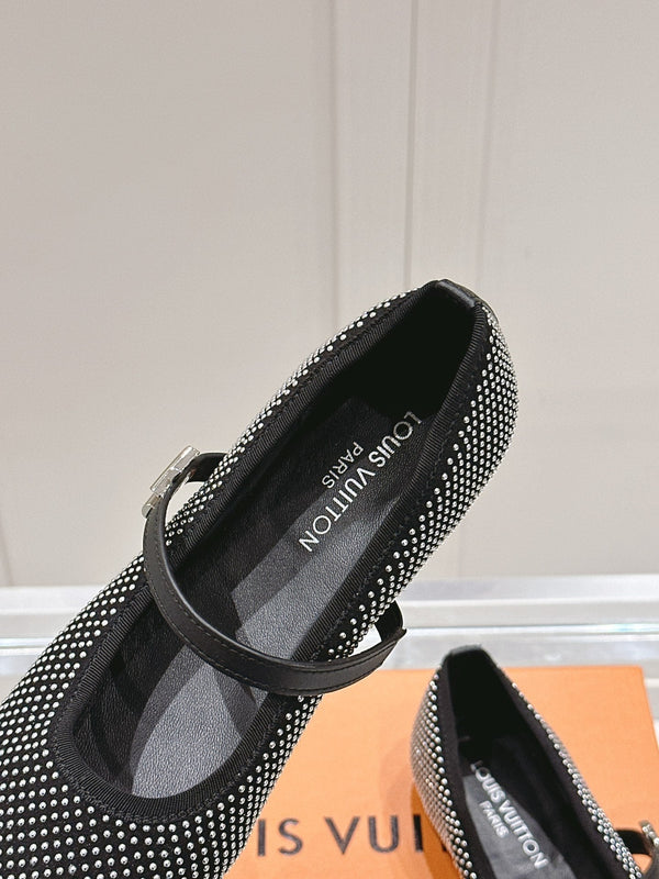 LV SS25 Romy Flat Ballerina Rivets Black Sheepskin