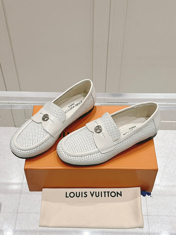 LV 25ss Soho Flat Loafer Rivets White Lambskin