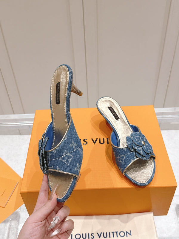 LV Floral Embroidered High Heels Blue Monogram Denim 480506