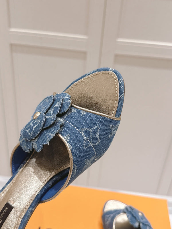 LV Floral Embroidered High Heels Blue Monogram Denim 480506