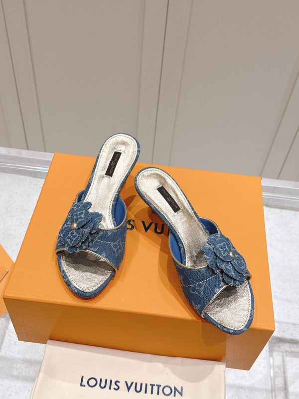 LV Floral Embroidered High Heels Blue Monogram Denim 480506
