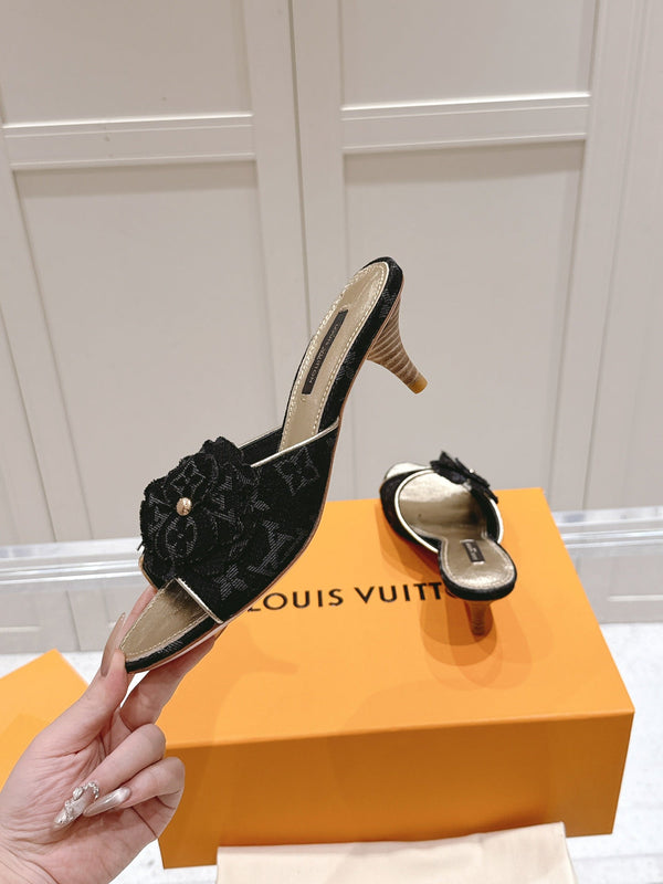 LV Floral Embroidered High Heels Black Monogram Denim 480507