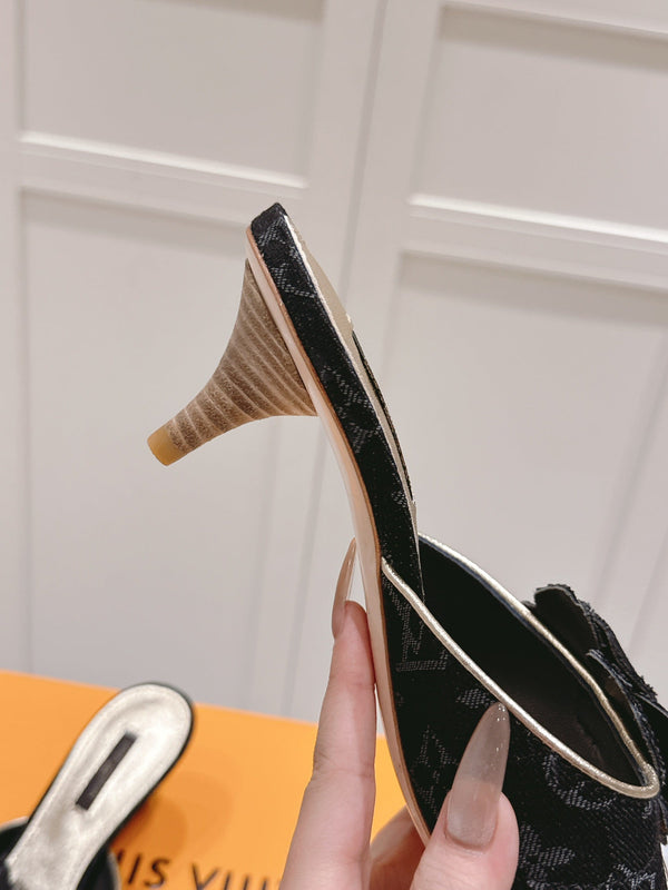 LV Floral Embroidered High Heels Black Monogram Denim 480507