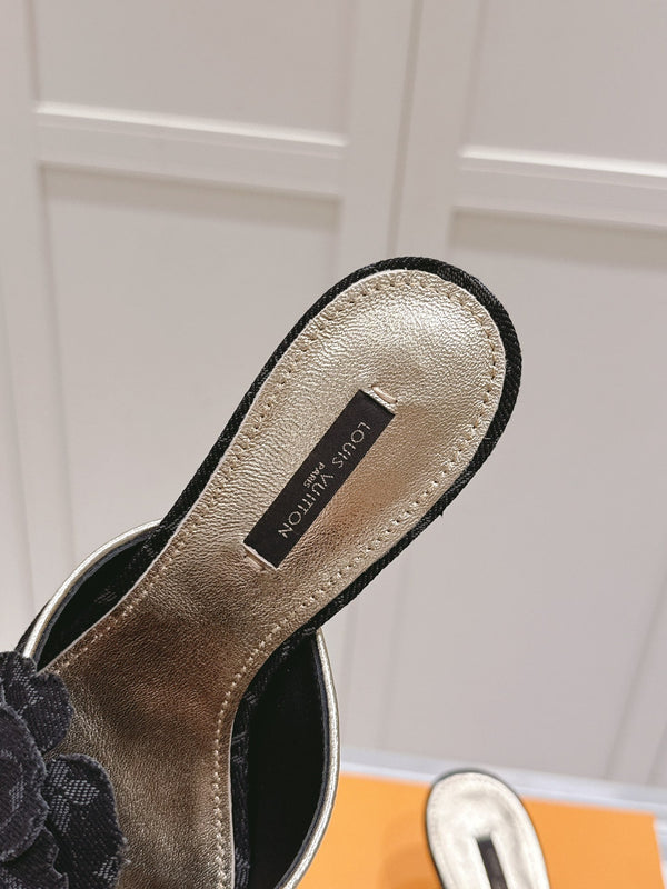 LV Floral Embroidered High Heels Black Monogram Denim 480507