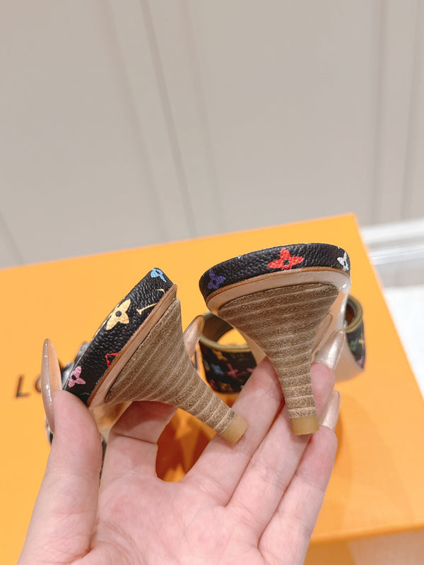 LV Floral Embroidered High Heels Black with Monogram Multicolor Leather 480509