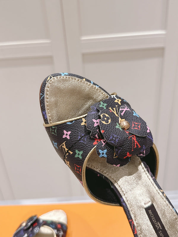 LV Floral Embroidered High Heels Black with Monogram Multicolor Leather 480509