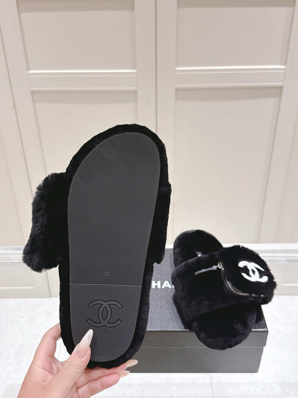 Chanel 25A Early Autumn Slippers Black Wool 393078