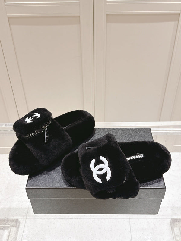 Chanel 25A Early Autumn Slippers Black Wool 393078