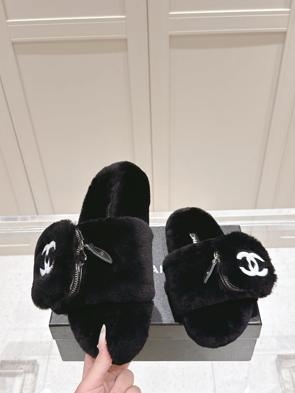 Chanel 25A Early Autumn Slippers Black Wool 393078