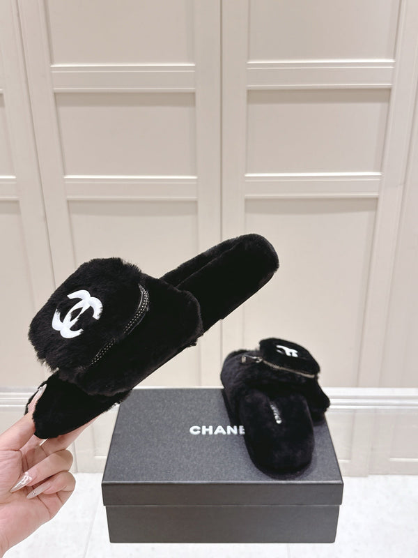 Chanel 25A Early Autumn Slippers Black Wool 393078