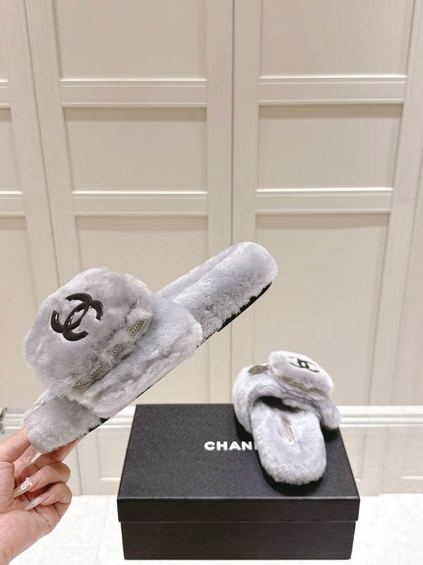 Chanel 25A Early Autumn Slippers Gray Wool 393081