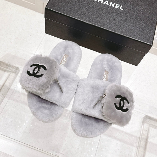 Chanel 25A Early Autumn Slippers Gray Wool 393081