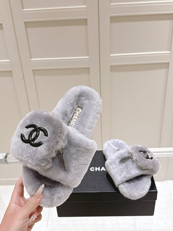 Chanel 25A Early Autumn Slippers Gray Wool 393081