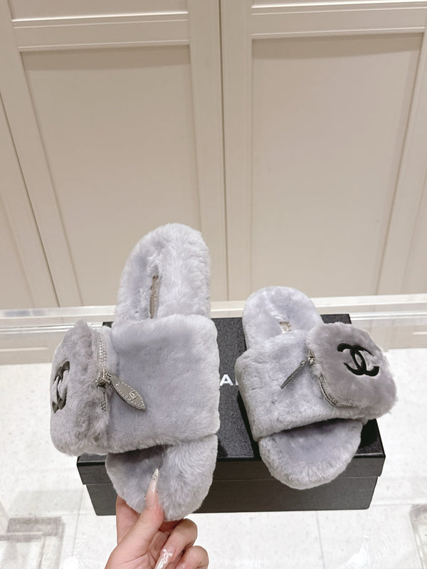 Chanel 25A Early Autumn Slippers Gray Wool 393081