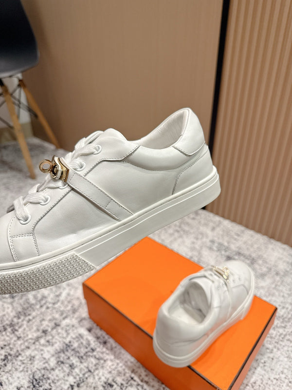 HM Casual Sneakers Gold Buckle White Leather