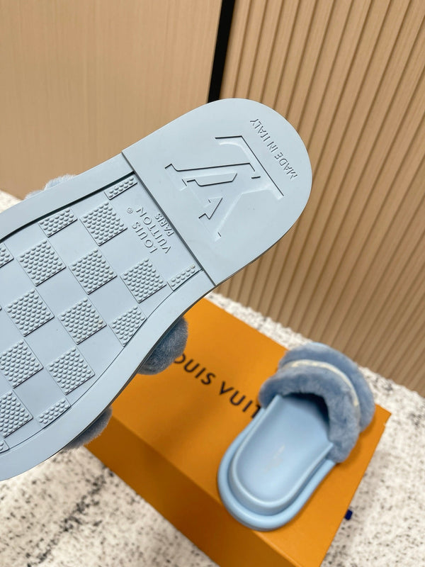 LV 25SS FW Platform Slippers Blue Canvas Wool 533771
