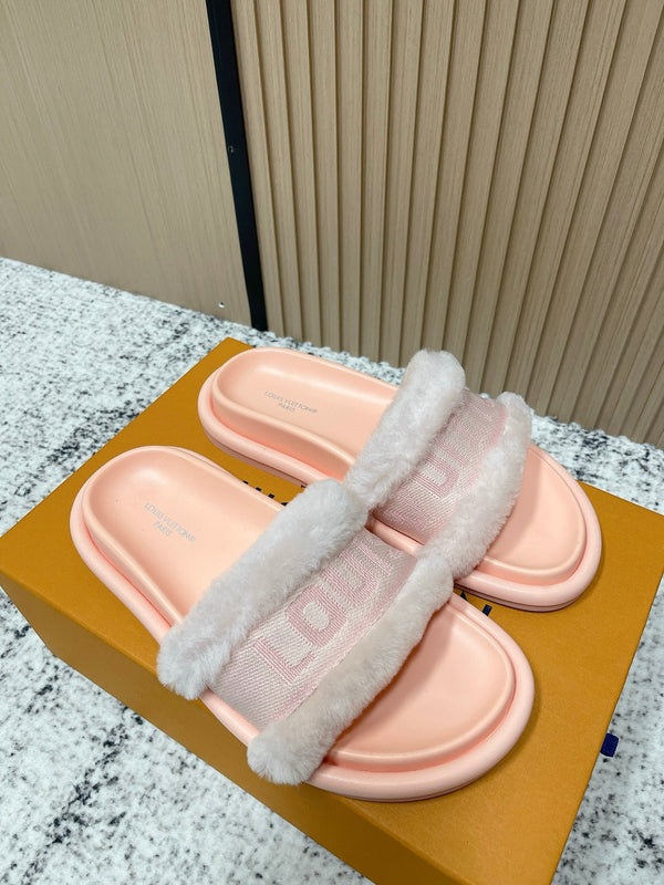 LV 25SS FW Platform Slippers Pink Canvas Wool 533772