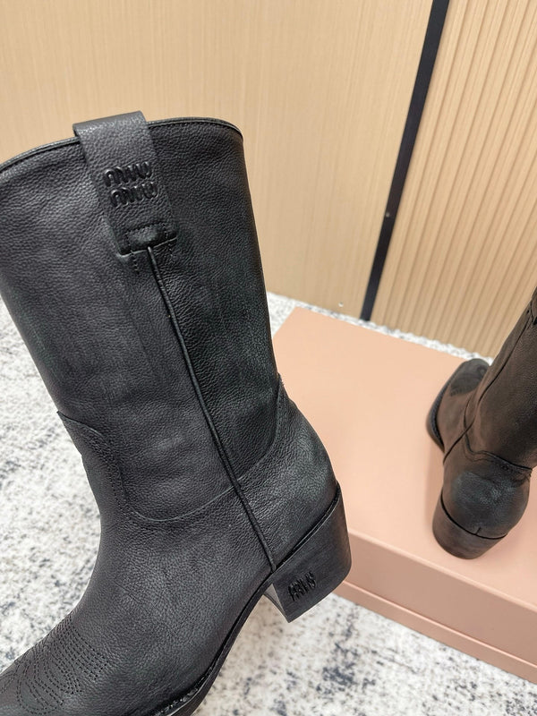 Miumiu Latest FW Western Cowboy Boots Black Genuine Leather 533964