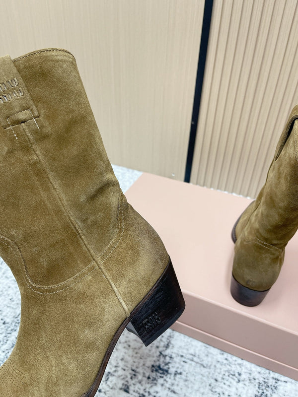 Miumiu Latest FW Western Cowboy Boots Khaki Suede 533966