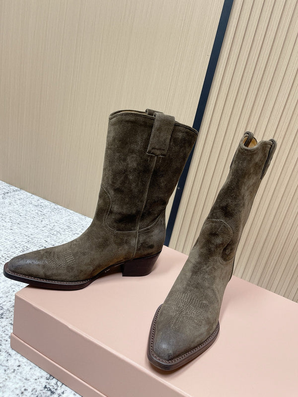 Miumiu Latest FW Western Cowboy Boots olive green Suede 533967