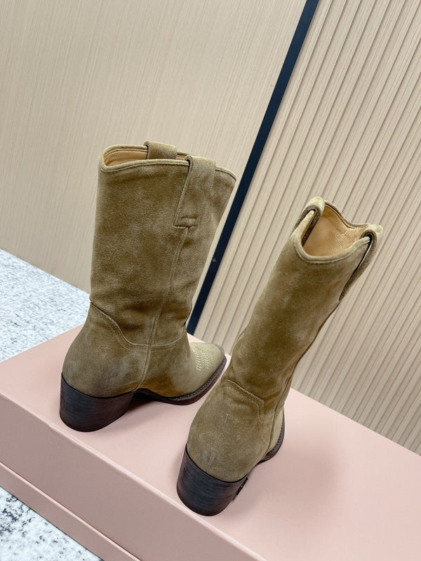 Miumiu Latest FW Western Cowboy Boots Beige Suede 533968