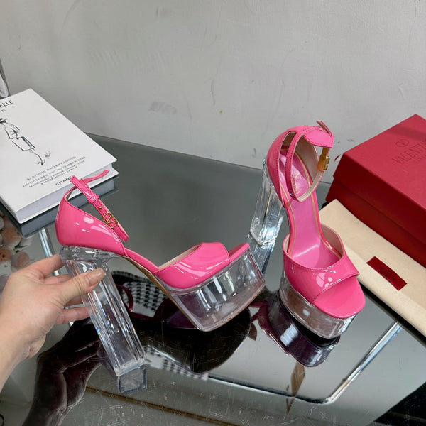 SANDALO ALTO 14CM IN VITELLO ROSA BRILLANTE E PVC TRASPARENTE