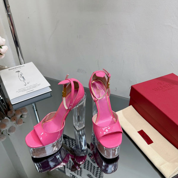 SANDALO ALTO 14CM IN VITELLO ROSA BRILLANTE E PVC TRASPARENTE