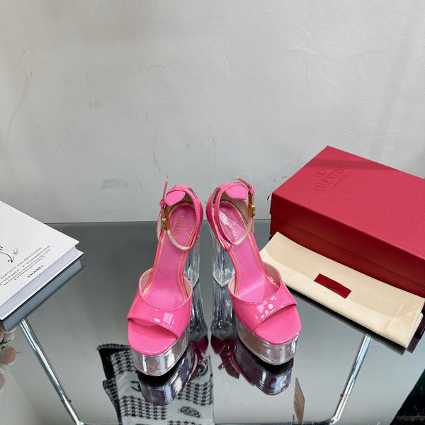 SANDALO ALTO 14CM IN VITELLO ROSA BRILLANTE E PVC TRASPARENTE