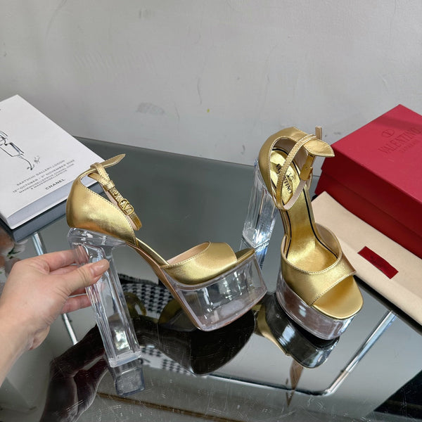 SANDALO ALTO 14CM IN VITELLO ORO E PVC TRASPARENTE