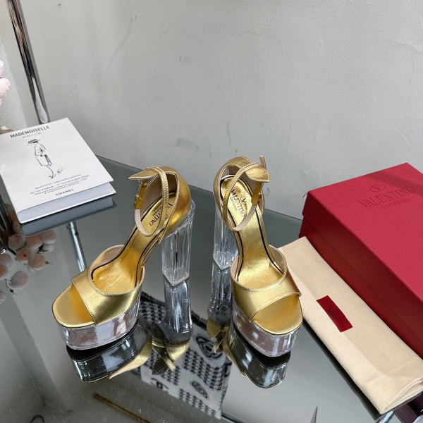 SANDALO ALTO 14CM IN VITELLO ORO E PVC TRASPARENTE