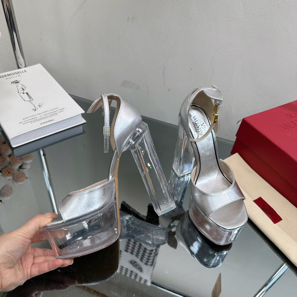 HIGH SANDAL 14CM IN SILVER CALFSKIN AND TRANSPARENT PVC