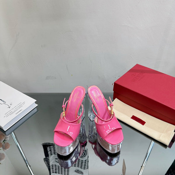 SANDALO TACCO ALTO 14 CM IN VITELLO ROSA BRILLANTE E PVC TRASPARENTE