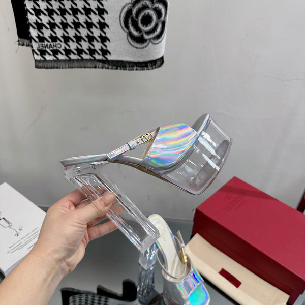 HIGH HEEL SANDAL 14CM IN SILVER CALFSKIN AND TRANSPARENT PVC