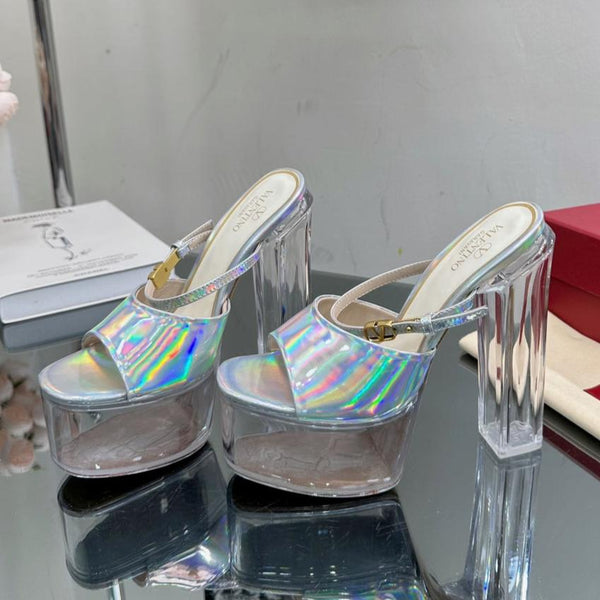 SANDALO TACCO ALTO 14CM IN VITELLO ARGENTO E PVC TRASPARENTE