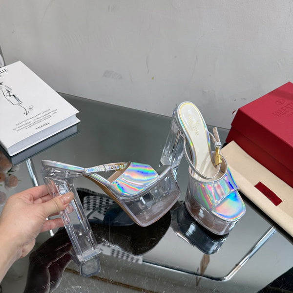 HIGH HEEL SANDAL 14CM IN SILVER CALFSKIN AND TRANSPARENT PVC