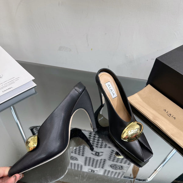 ALAIA AZZEDINE HIGH HEELS IN BLACK CALFSKIN WITH GOLD HARDWARE