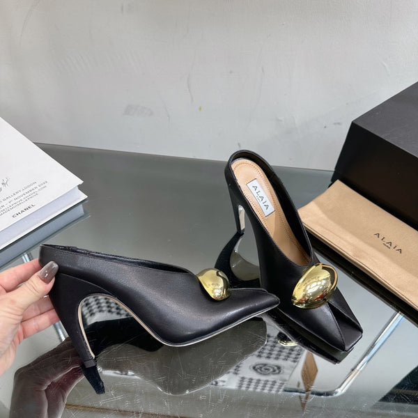 ALAIA AZZEDINE HIGH HEELS IN BLACK CALFSKIN WITH GOLD HARDWARE