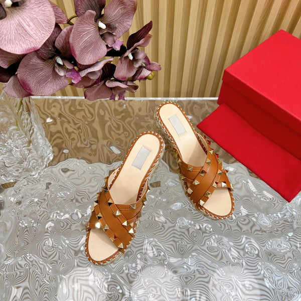 Rockstud Crisscross Espadrilles 80mm Sandal Wedges Brown