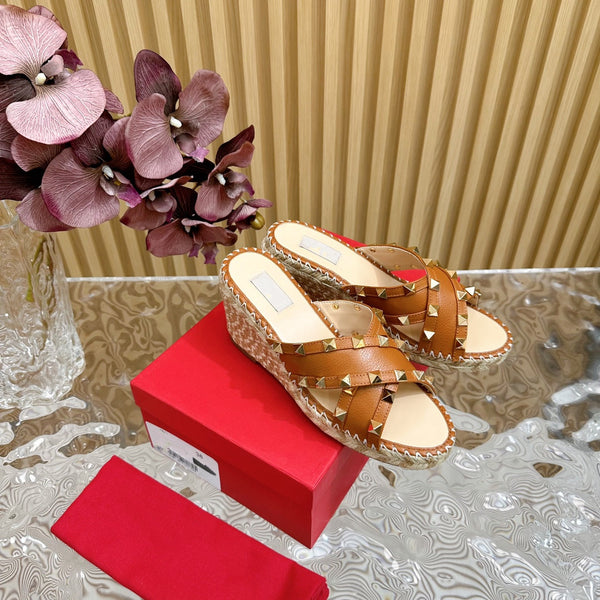 Rockstud Crisscross Espadrilles 80mm Sandal Wedges Brown