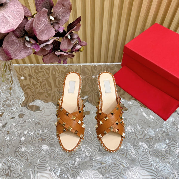 Rockstud Crisscross Espadrilles 80mm Sandal Wedges Brown