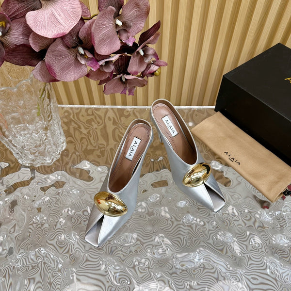ALAIA AZZEDINE HIGH HEELS IN SILVER CALFSKIN WITH GOLD HARDWARE