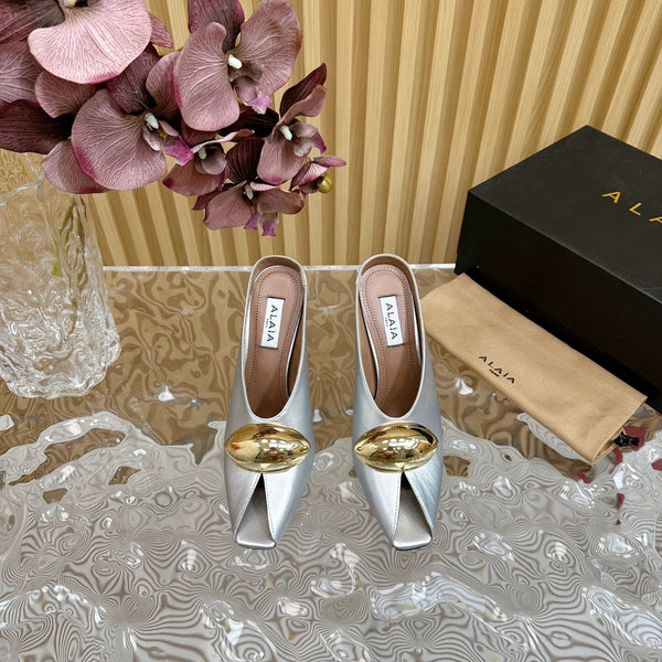 ALAIA AZZEDINE HIGH HEELS IN SILVER CALFSKIN WITH GOLD HARDWARE